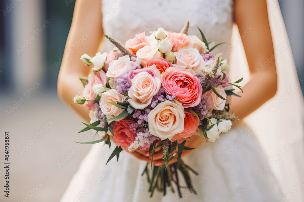 Closeup of bride holding wedding bouquet. Happy bride excited smile for wedding, happiness and marriage. Generative AI Closeup of bride holding wedding bouquet. Happy bride excited smile for wedding, happiness and marriage. Generative AI
