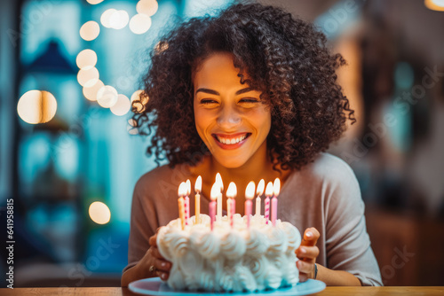 Happy young adult woman blowing out candles on birthday cake. Young attractive woman celebrating birthday. Generative AI
