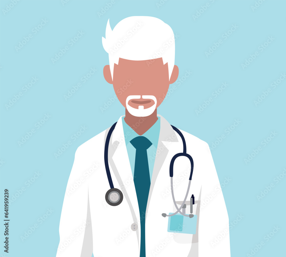 A doctor looks at us directly, he wears a stethoscope around his neck.