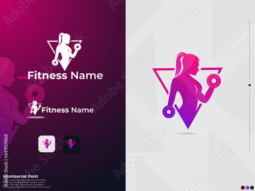 Fittness girl logo design. Female gym logo. Powre. Muscle. Premium gym logo. Finance. Physical exercise. Girl vector. Dumbble. Unique. Pink. Creative