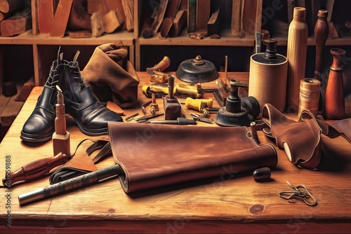 artisan tools cobbler production Shoes footwear leather repair Tools b workplace shoe Set background Shoemaker's maker tools work table brown wooden awl craft background leather desk wooden cobbler