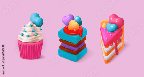 3d birthday cake. Cupcake glossy icon, valentine day sweet realistic dessert, confectionery for anniversary. Tasty sweet food. Bright colors decor. Vector isolated exact cartoon render set
