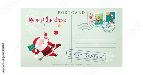 Template of an old Christmas envelope with a picture of Santa Claus going down the chimney. Retro style Christmas postcard with rubber seal, stamp. Vector illustration in cartoon, retro style