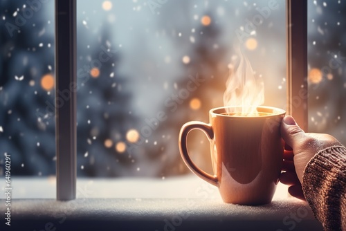 Close-up of hands holding a steaming mug of hot chocolate beside a window  with snow falling outside and Christmas lights twinkling in the distance