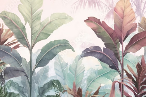 Tropical trees wallpaper design, banana leaf, landscape, pastel tones, mural art, Generative AI photo