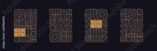 Art deco patterns. Geometric shapes and lines, abstract luxury gold design, simple logo or invitation. Isolated on black background golden elements. Posters or banners. Vector tidy frame