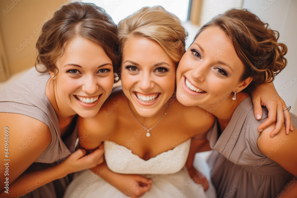 Bridesmaids at wedding. Happy friends excited smile for wedding, happiness and marriage. Generative AI Bridesmaids at wedding. Happy friends excited smile for wedding, happiness and marriage. Generative AI