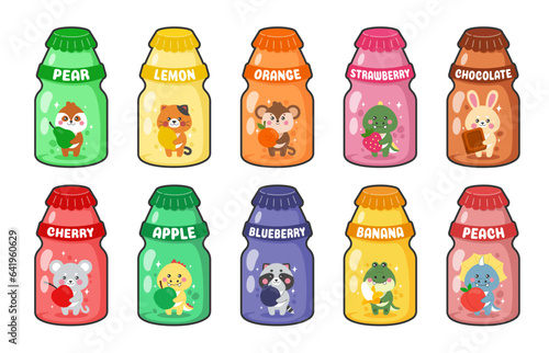 Kawaii drinks. Sweet Japanese food stickers. Cute animals with orange and strawberry. Asian beverage tastes. Chocolate milk. Cartoon tidy characters. Vector fruit juice bottles set