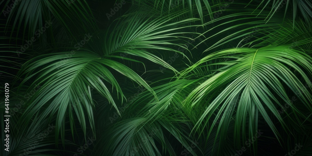 closeup of beautiful palm leaves in a wild tropical palm garden, dark green palm leaf texture concept full framed, wallpaper decoration, Generative AI