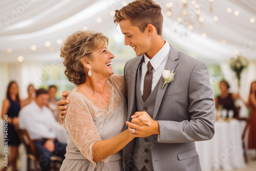 Mother dancing with son at wedding. Happy excited smile for wedding, happiness and marriage. Generative AI