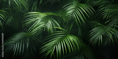 closeup of beautiful palm leaves in a wild tropical palm garden  dark green palm leaf texture concept full framed  wallpaper decoration  Generative AI