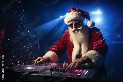 Santa Claus as a DJ, spinning festive tracks at a huge holiday party, merging tradition with contemporary fun