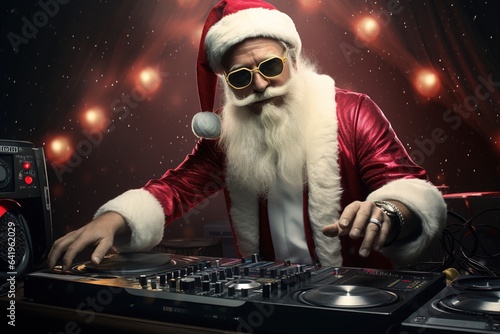 Santa Claus as a DJ, spinning festive tracks at a huge holiday party, merging tradition with contemporary fun