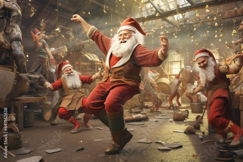 Santa Claus dancing joyfully with elves in the workshop, celebrating a job well done - Christmas theme photo