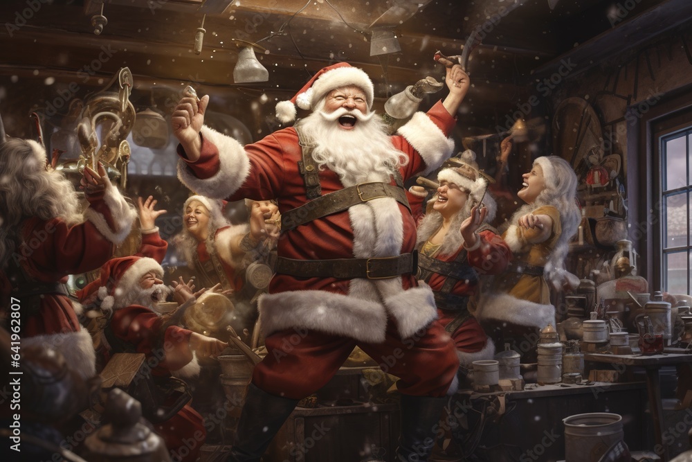 Santa Claus dancing joyfully with elves in the workshop, celebrating a job well done - Christmas theme - obrazy, fototapety, plakaty 