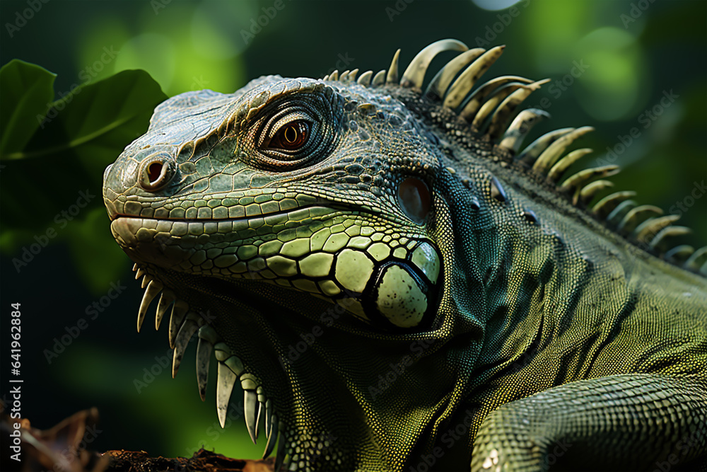 A green iguana sitting on a tree in a jungle lizard iguana. Generative ai