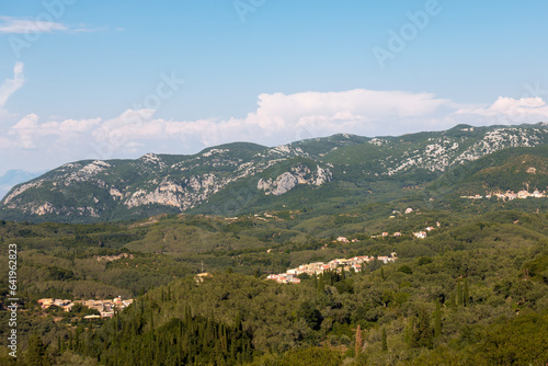 Great view to the surrounding scenery high from the mountain in Corfu, Greece