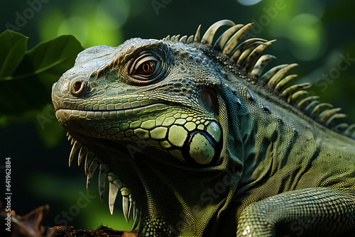 Fototapeta Naklejka Na Ścianę i Meble -  A green iguana sitting on a tree in a jungle lizard iguana. Generative ai