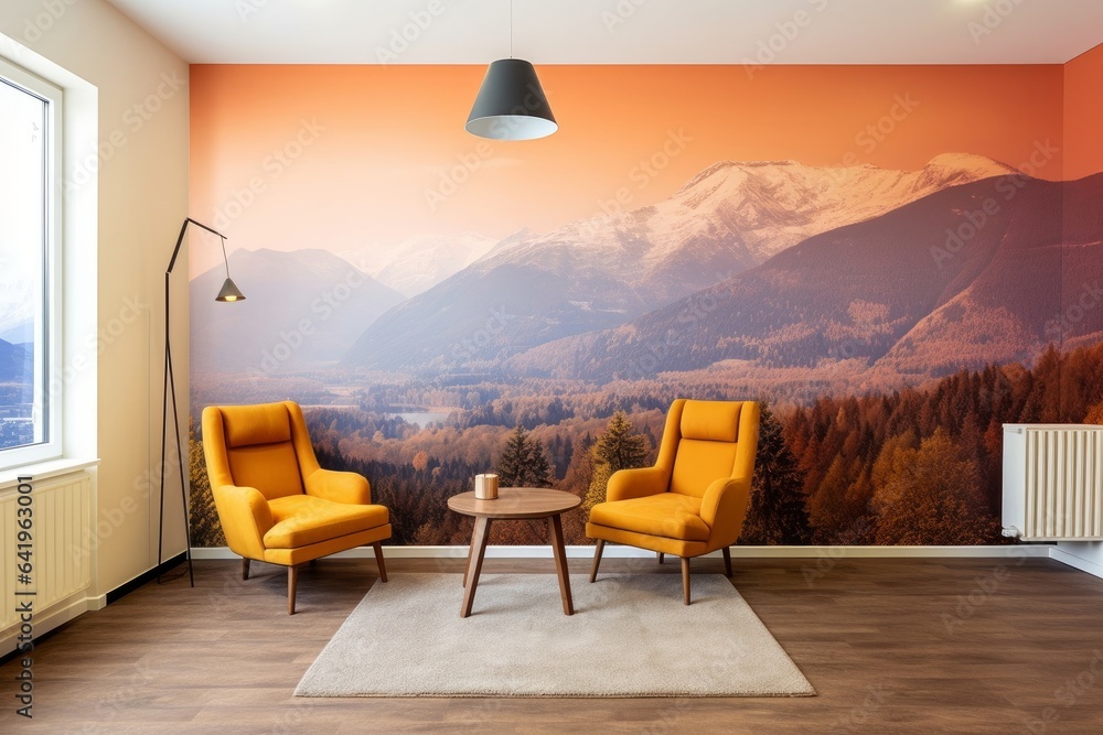 Interior of an empty room in orange tones with a panorama photo wall mural Merano (South Tyrol, Italy), Generative AI - obrazy, fototapety, plakaty 