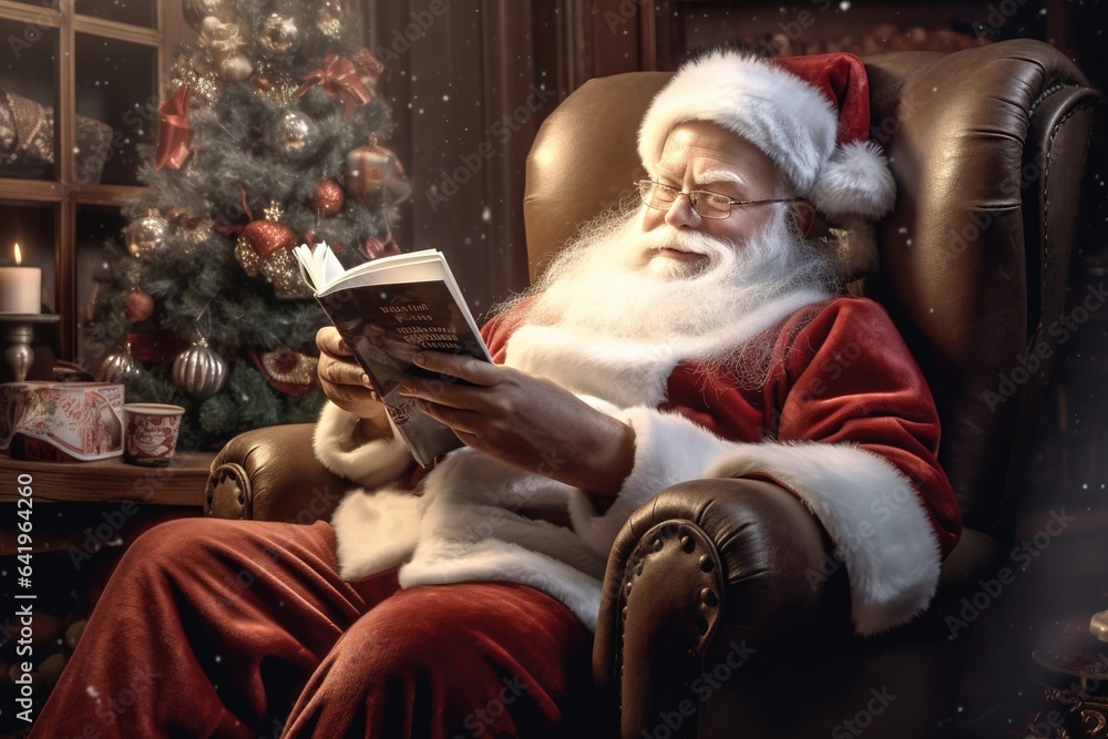 Santa Claus relaxing in an armchair with a large book,  with a cat purring beside him - Christmas relaxation theme