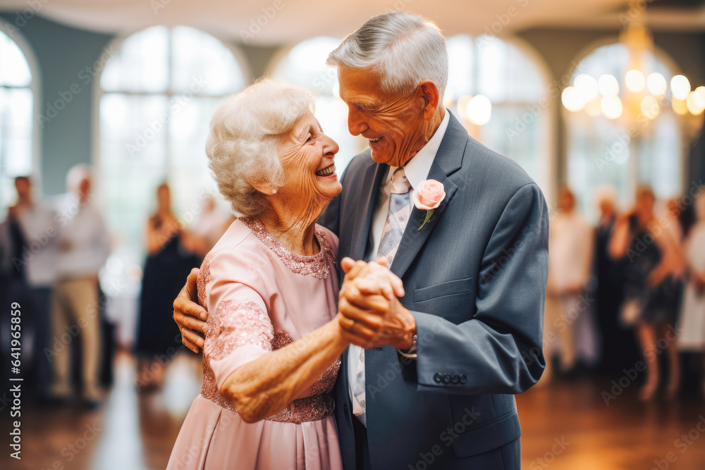 Older couple, bride and groom dancing at wedding. Happy couple excited smile for wedding, happiness and marriage. Generative AI Older couple, bride and groom dancing at wedding. Happy couple excited smile for wedding, happiness and marriage. Generative AI