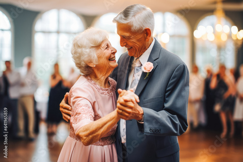 Older couple, bride and groom dancing at wedding. Happy couple excited smile for wedding, happiness and marriage. Generative AI