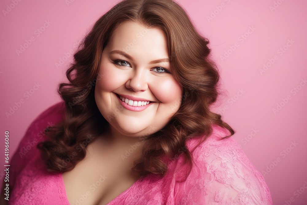 portrait of an attractive plus size woman on pink background portrait of an attractive plus size woman on pink background