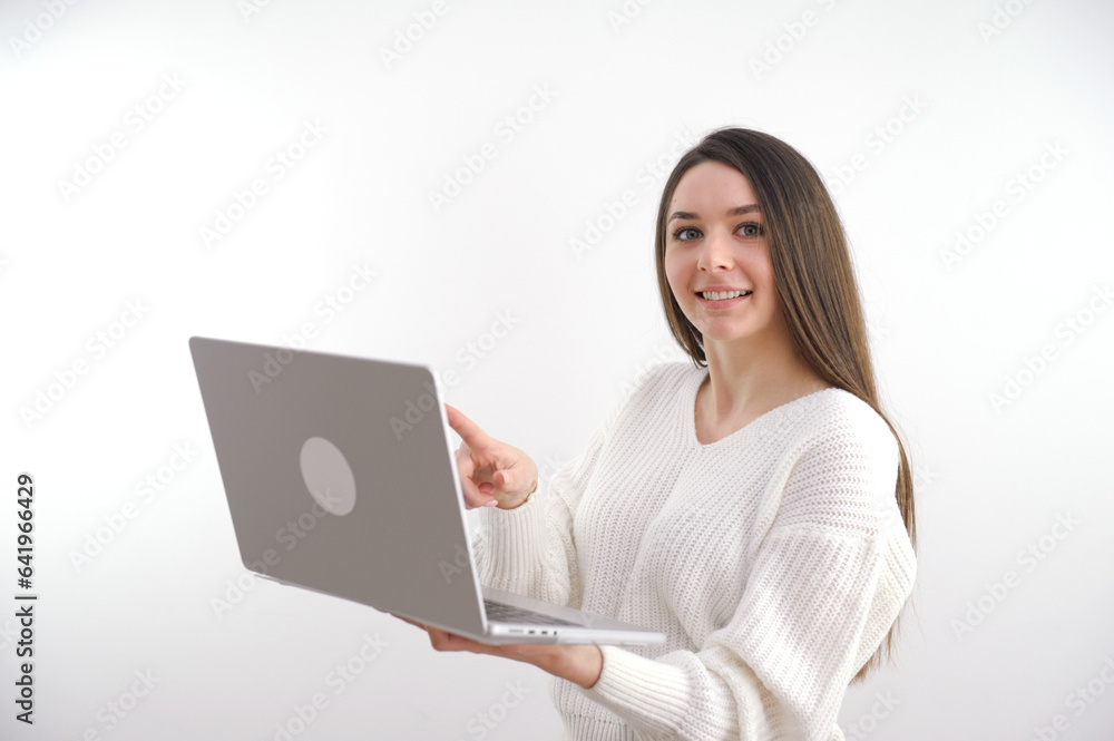 banner girl with laptop in headphones communicates online conference with friends waving a lot of space for text advertising gadgets online courses internet banner girl with laptop in headphones communicates online conference with friends waving a lot of space for text advertising gadgets online courses internet