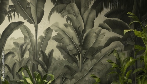 Tropical wallpaper design, banana trees, landscapes, mural art, Generative AI