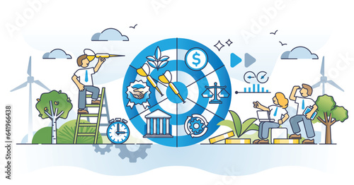 Goal setting and priorities for achievable business targets outline concept. Aim for company priorities with effective and precise leader vision vector illustration. Leadership plan and strategy.