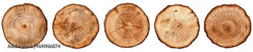 Set of Wooden stump slice. Round cut down tree with annual rings as a wood texture. Isolated on transparent background