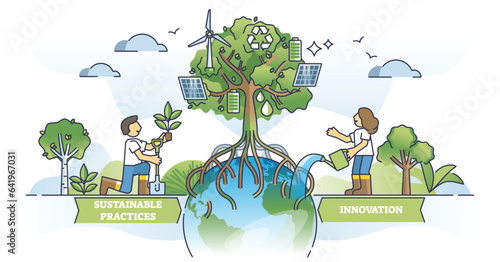 Sustainability and green, ecological business practices outline concept. Innovative principles with environmental and nature friendly approach for successful company development vector illustration.
