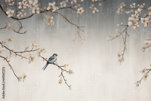 Vintage photo wallpaper with branches and birds on grey background. Design for wallpaper, photo wallpaper, fresco, Generative AI