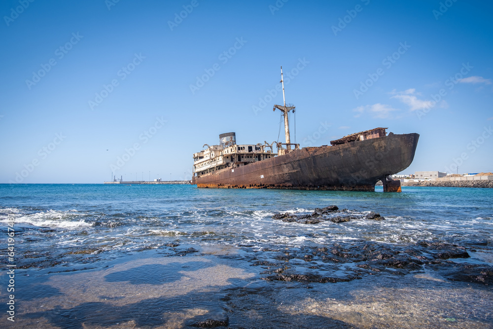 Ship stranded on the coast of Arrecife in Lanzarote, called Telamón. Rusty boat. Stranded ship. Broken ship. Lanzarote, Canary Islands, Spain