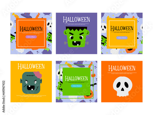 Halloween social media banners template. Social media post with hand drawn element vector illustration 