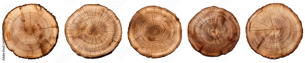 Obraz premium Set of Wooden stump slice. Round cut down tree with annual rings as a wood texture. Isolated on transparent background