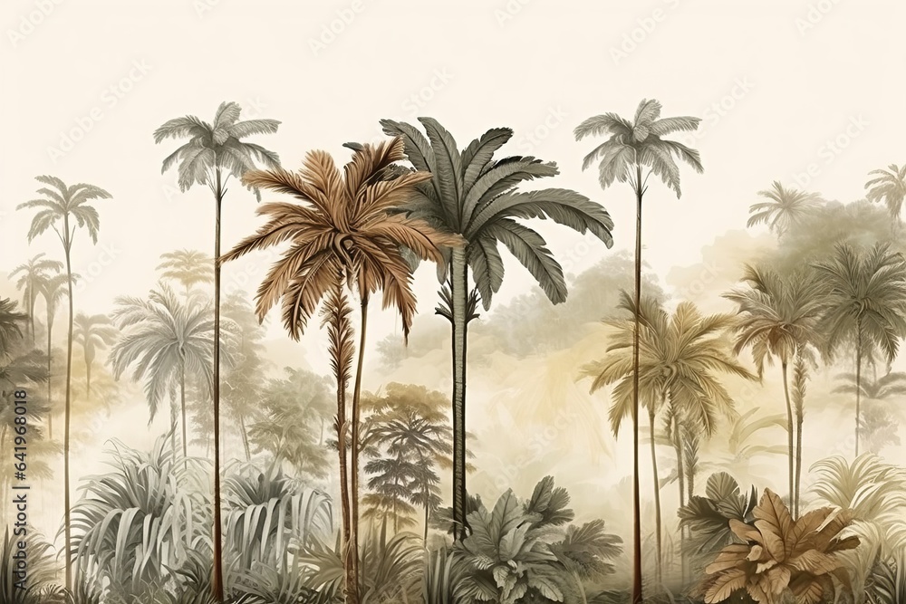 hand drawn forest landscape wallpaper design, tall palm trees, tropical trees, earth tones, modern wallpaper, background, mural art, Generative AI