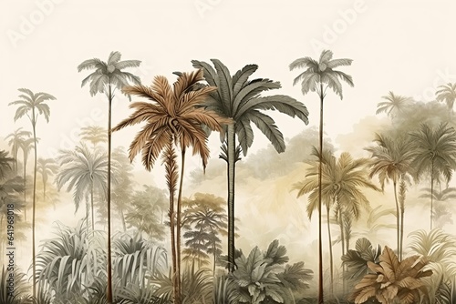 hand drawn forest landscape wallpaper design, tall palm trees, tropical trees, earth tones, modern wallpaper, background, mural art, Generative AI