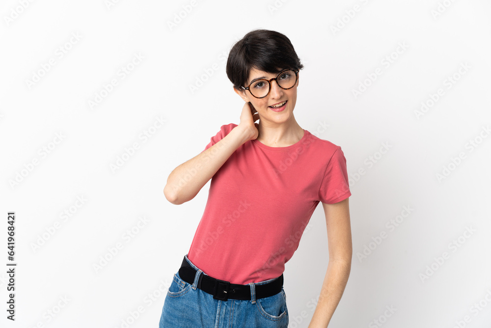 Woman with short hair isolated on white background laughing Woman with short hair isolated on white background laughing