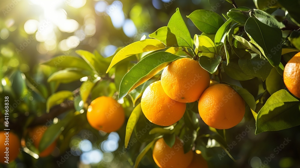 A tree in an orchard is bearing fresh oranges.