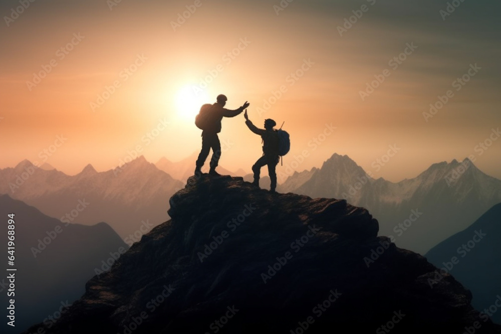 Silhouette of two men with backpacks on the top of the mountain.