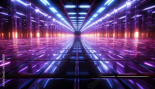 Corridor Empty Room With Purple And Blue Neon Glowing Lights Hexagon Background 3D Illustration