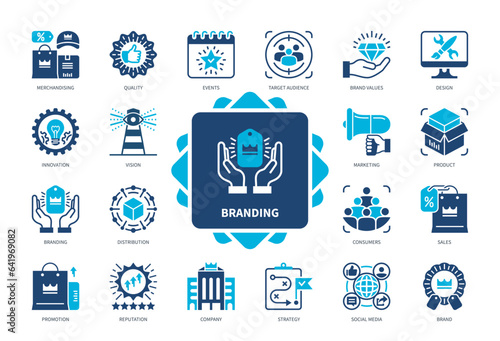 Branding icon set. Product, Discount, Company, Innovation, Design, Consumers, Marketing, Distribution. Duotone color solid icons