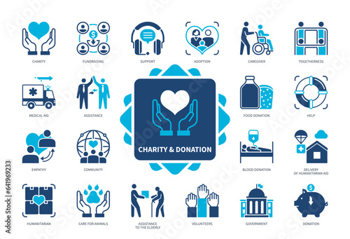Challenge icon set. Community, Blood Donation, Humanitarian, Donation, Help, Support, Togetherness, Volunteer. Duotone color solid icons