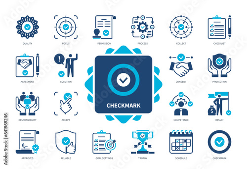 Checkmark icon set. Checklist, Process, Agreement, Focus on Target, Permission, Accept, Quality, Reliable. Duotone color solid icons