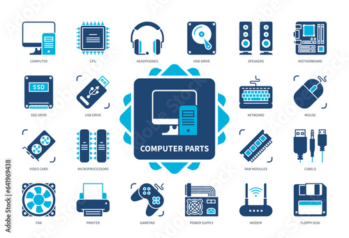 Computer Parts icon set. Motherboard, Video Card, Cables, Headphones, SSD Drive, Printer, Power Supply, CPU. Duotone color solid icons