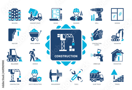 Construction icon set. Worker, Bulldozer, Concrete Mixer, Excavator, Construction Gloves, Engineer, Measurement, Building. Duotone color solid icons