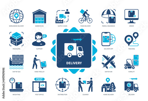 Delivery icon set. Food Delivery, Weighting, Supply Chain, Support, Parcel Insurance, Packaging, Forklift, Worldwide Delivery. Duotone color solid icons