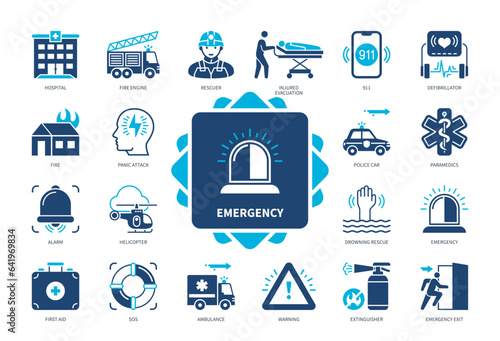 Emergency icon set. Injured Evacuation, Rescuer, Hospital, Helicopter, Ambulance, Police, Emergency Exit, First Aid. Duotone color solid icons