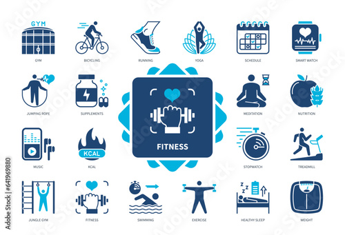 Fitness icon set. Gym, Yoga, Nutrition, Smart Watch, Kcal, Bicycle, Swimming, Supplements. Duotone color solid icons
